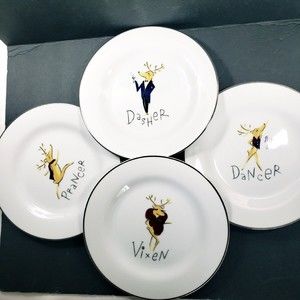 4 Pottery Barn JAPAN Reindeer Salad Dessert Plates Vixen Dancer Dasher P…